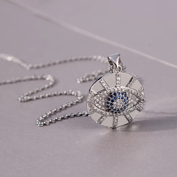Stainless Steel Paved CZ Stone Evil Eye Necklace - Picture 2 of 6